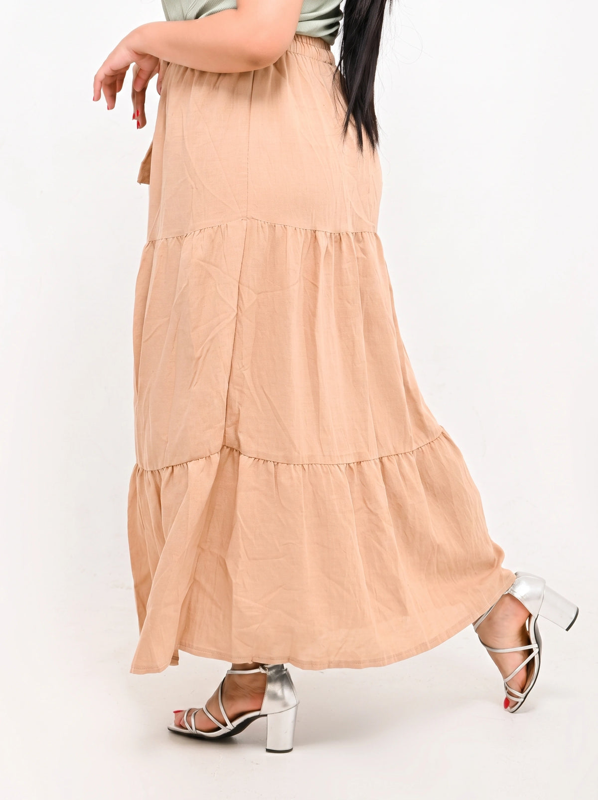 Beige - Belted 3-Layer Linen Skirt