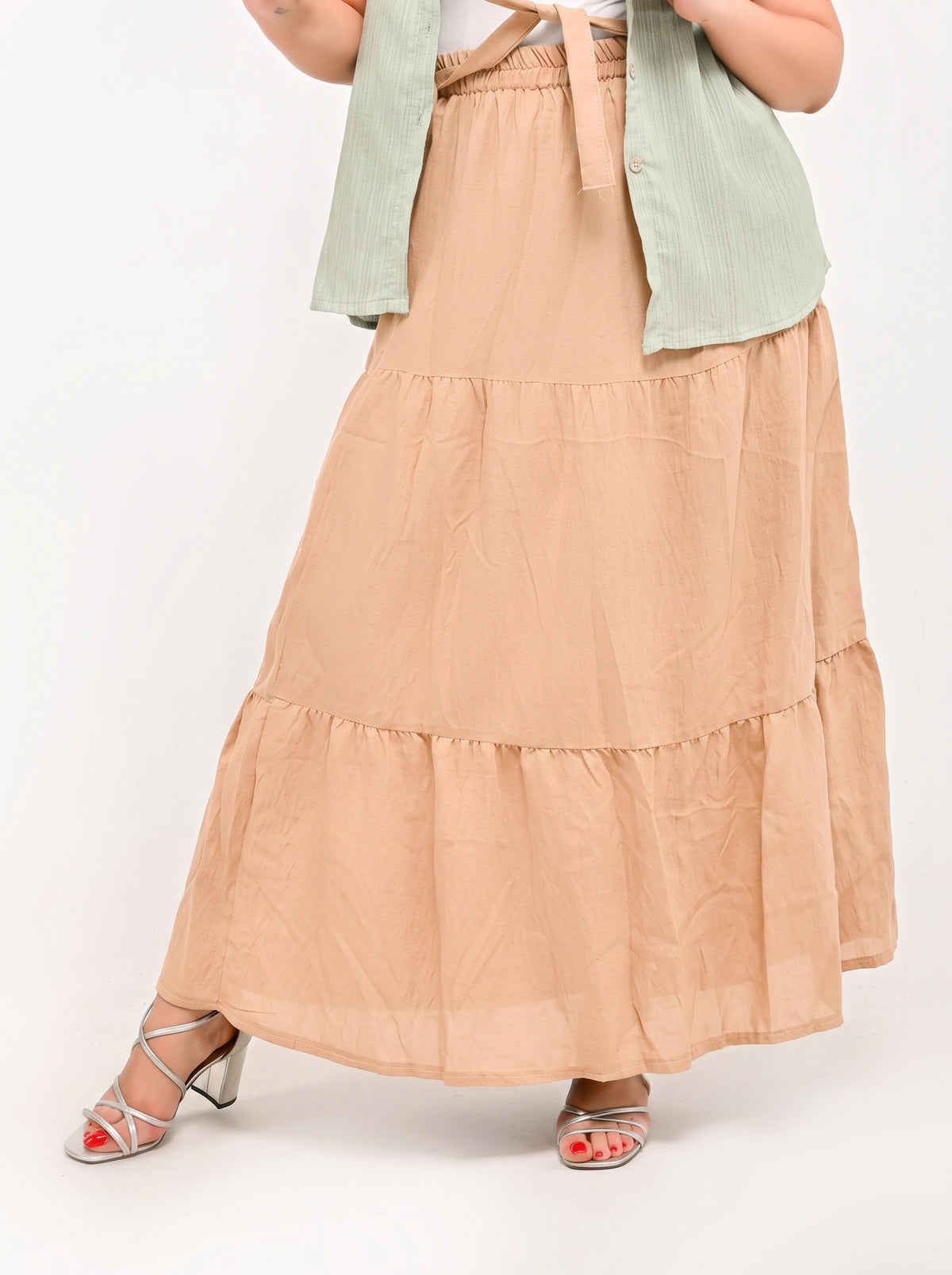 Beige - Belted 3-Layer Linen Skirt
