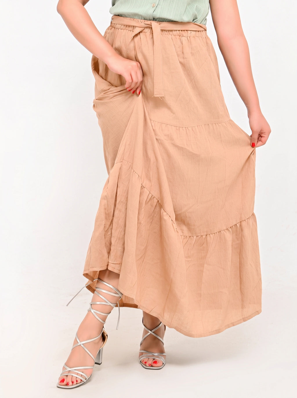 Beige - Belted 3-Layer Linen Skirt