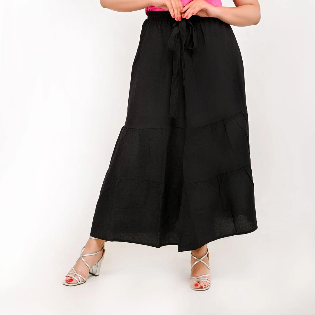 Black - Belted 3-Layer Linen Skirt