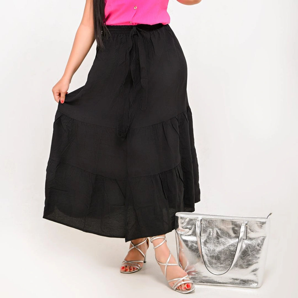 Black - Belted 3-Layer Linen Skirt