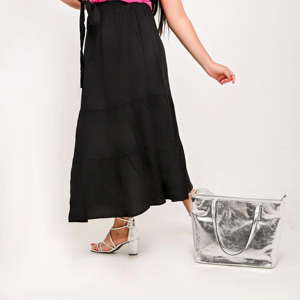Black - Belted 3-Layer Linen Skirt