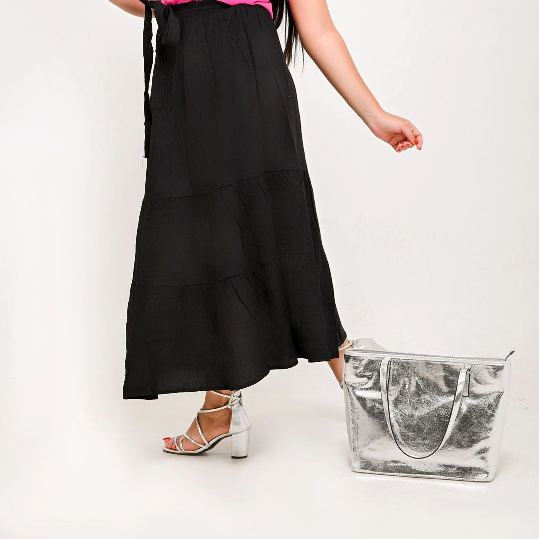 Black - Belted 3-Layer Linen Skirt