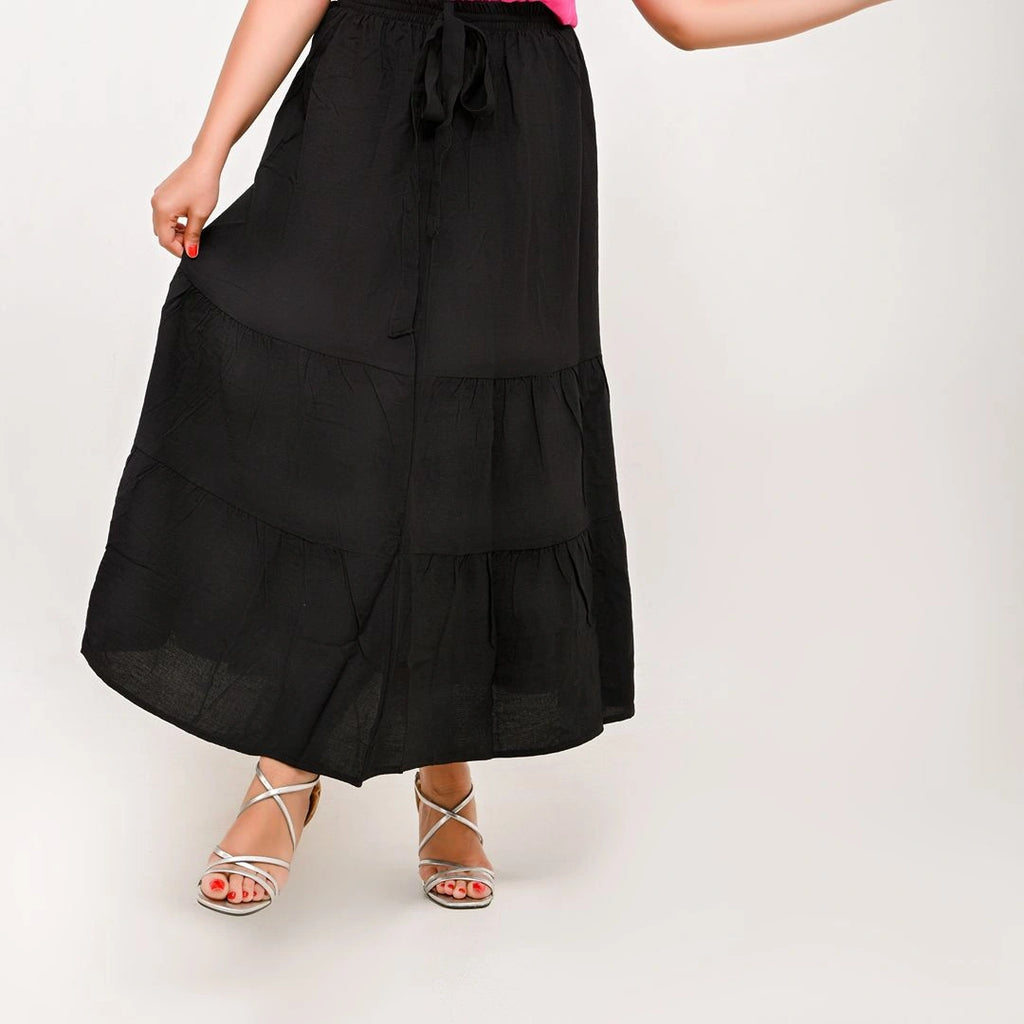 Black - Belted 3-Layer Linen Skirt