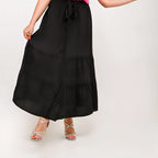 Black - Belted 3-Layer Linen Skirt