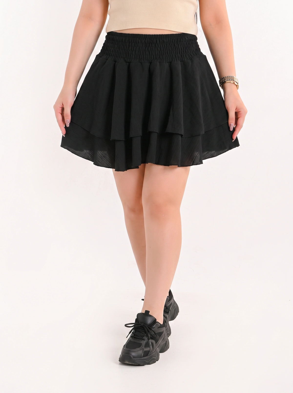 Black - Smocked-Waist Tiered Ruffle Skirt