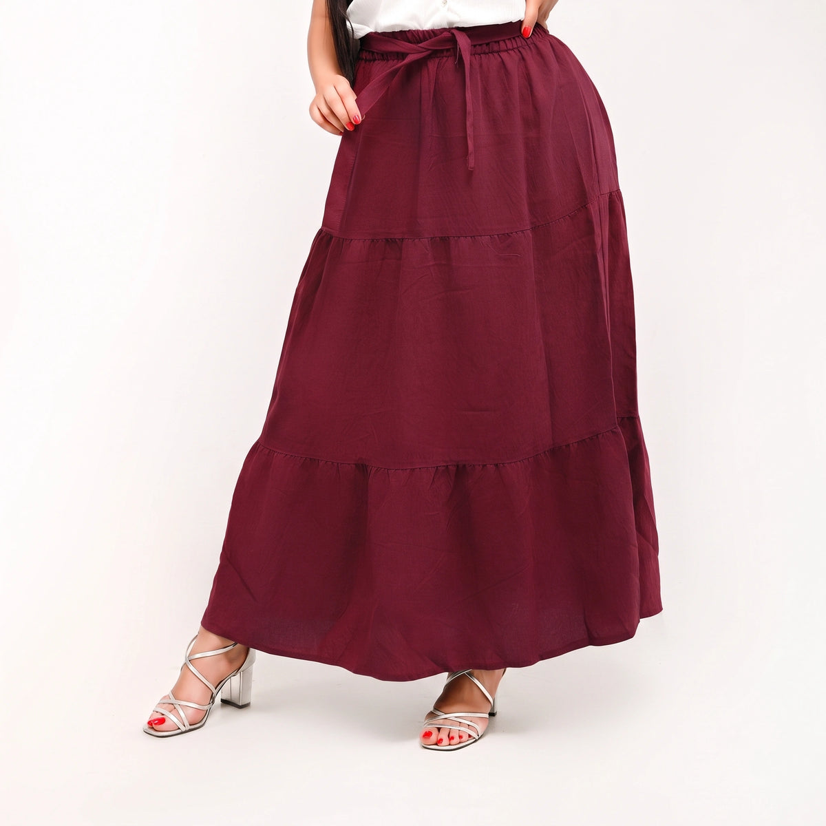 Burgundy - Belted 3-Layer Linen Skirt