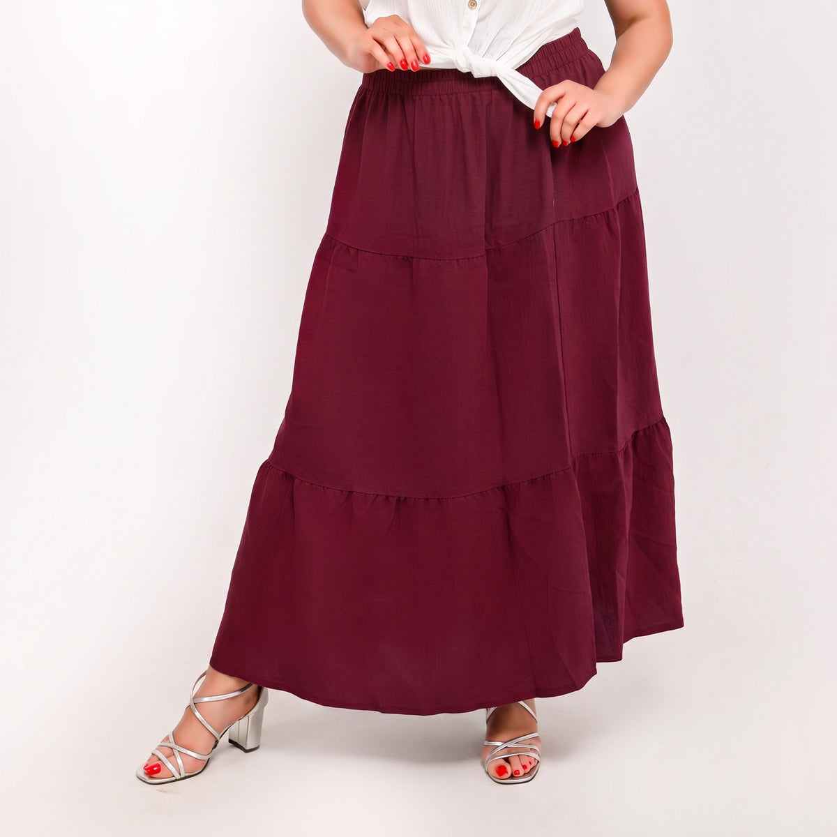 Burgundy - Belted 3-Layer Linen Skirt