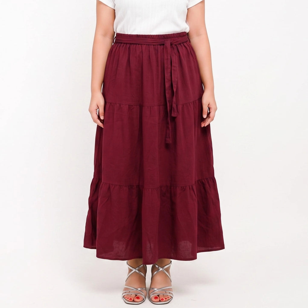 Burgundy - Belted 3-Layer Linen Skirt