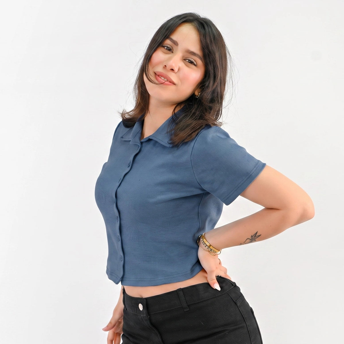 Jeans Blue - Notched-Placket Polo Shirt