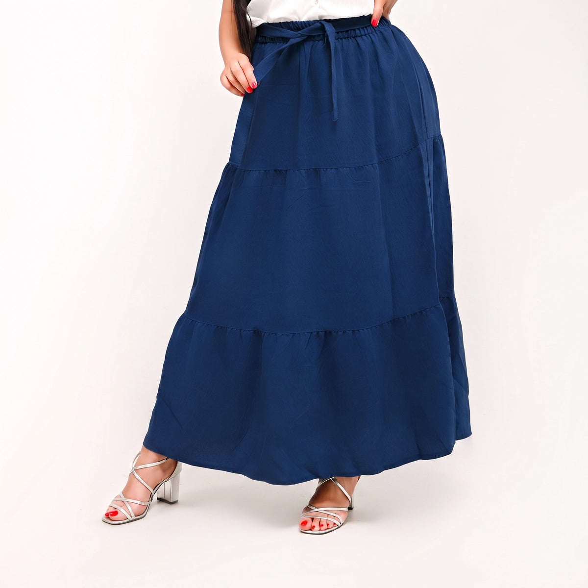 Navy Blue - Belted 3-Layer Linen Skirt