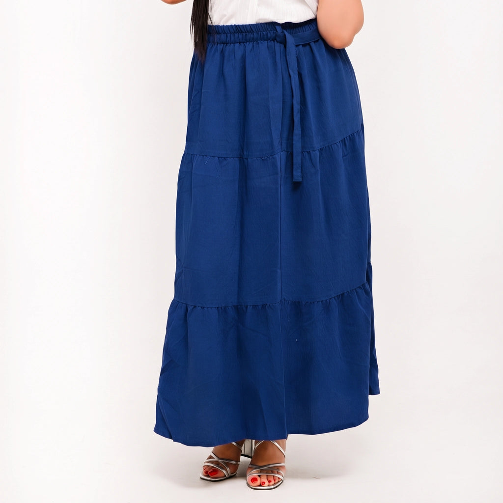 Navy Blue - Belted 3-Layer Linen Skirt