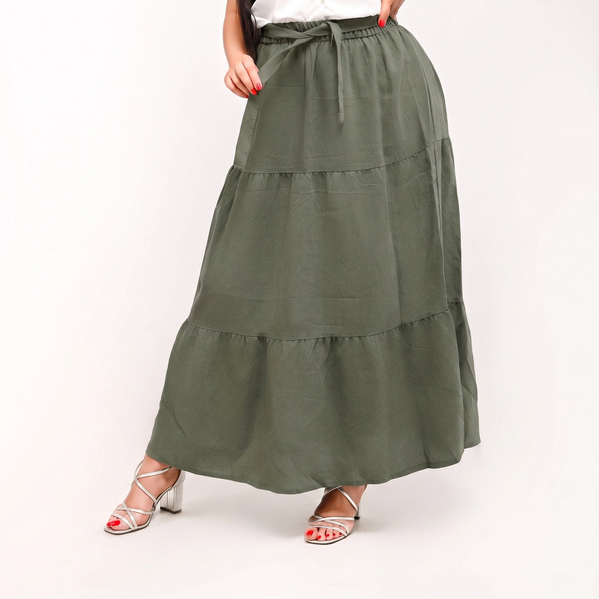 Olive Green - Belted 3-Layer Linen Skirt