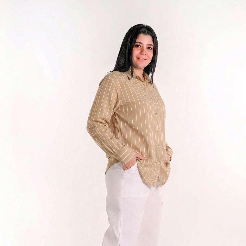 Beige - Relaxed Fit Pinstripe Shirt
