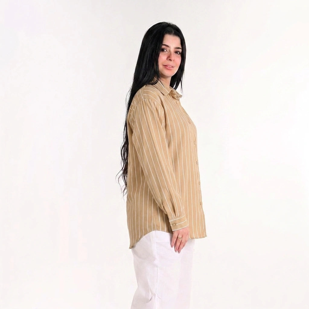 Beige - Relaxed Fit Pinstripe Shirt