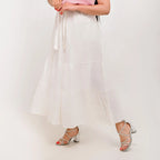 White - Belted 3-Layer Linen Skirt