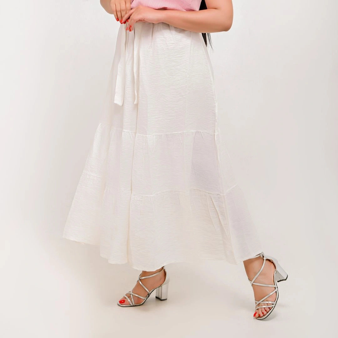 White - Belted 3-Layer Linen Skirt