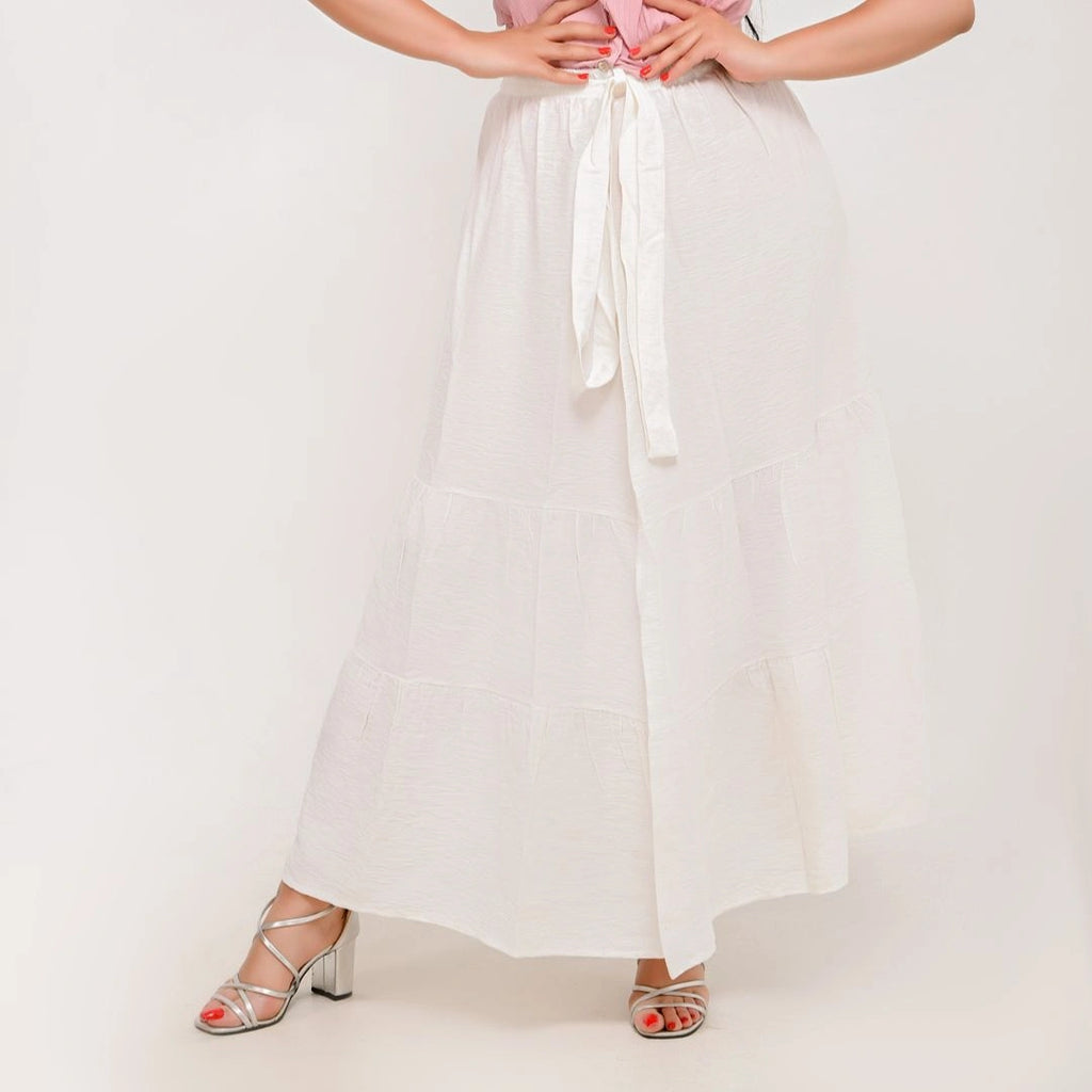 White - Belted 3-Layer Linen Skirt