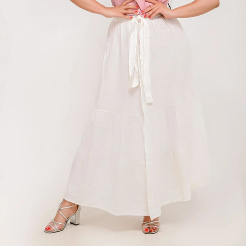 White - Belted 3-Layer Linen Skirt