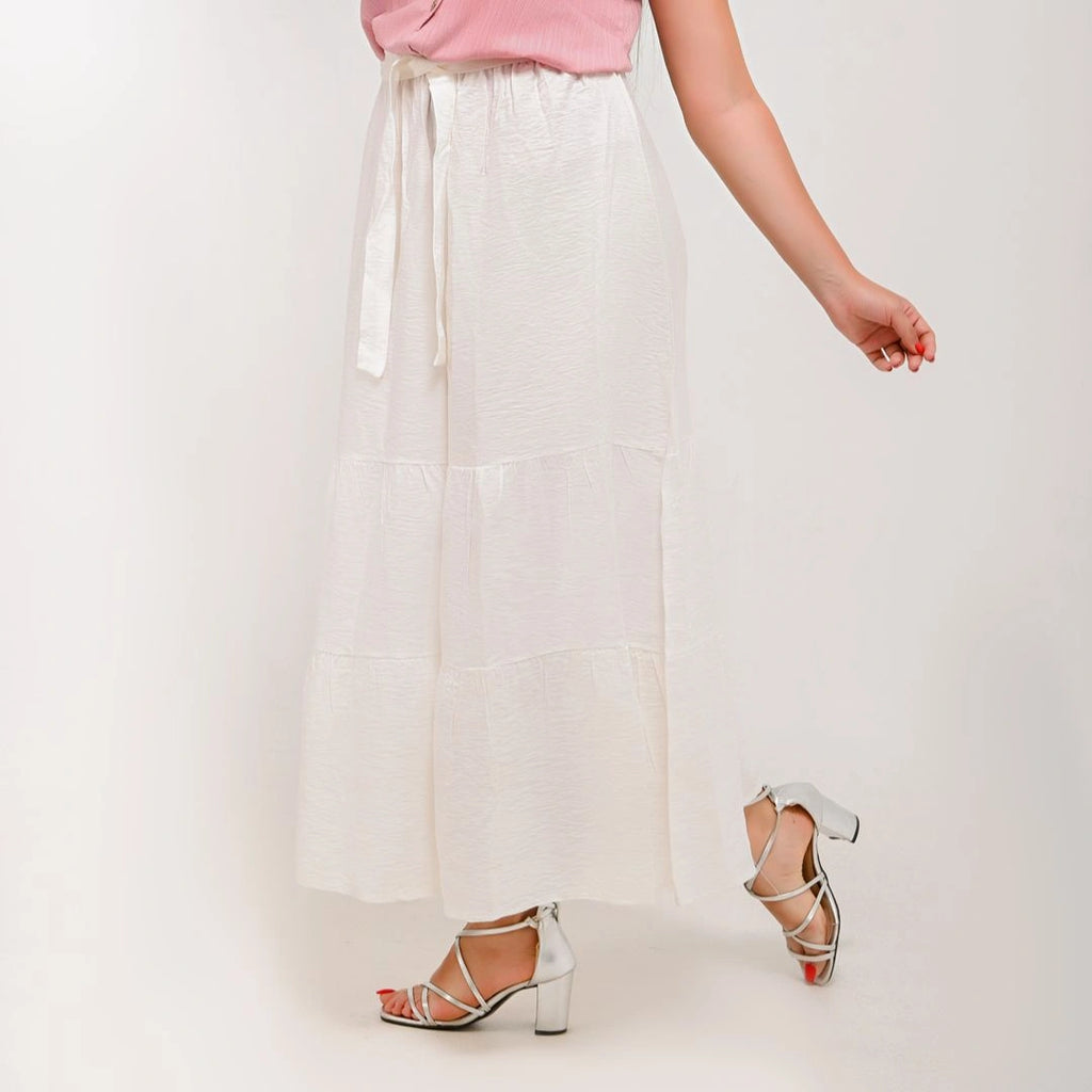 White - Belted 3-Layer Linen Skirt