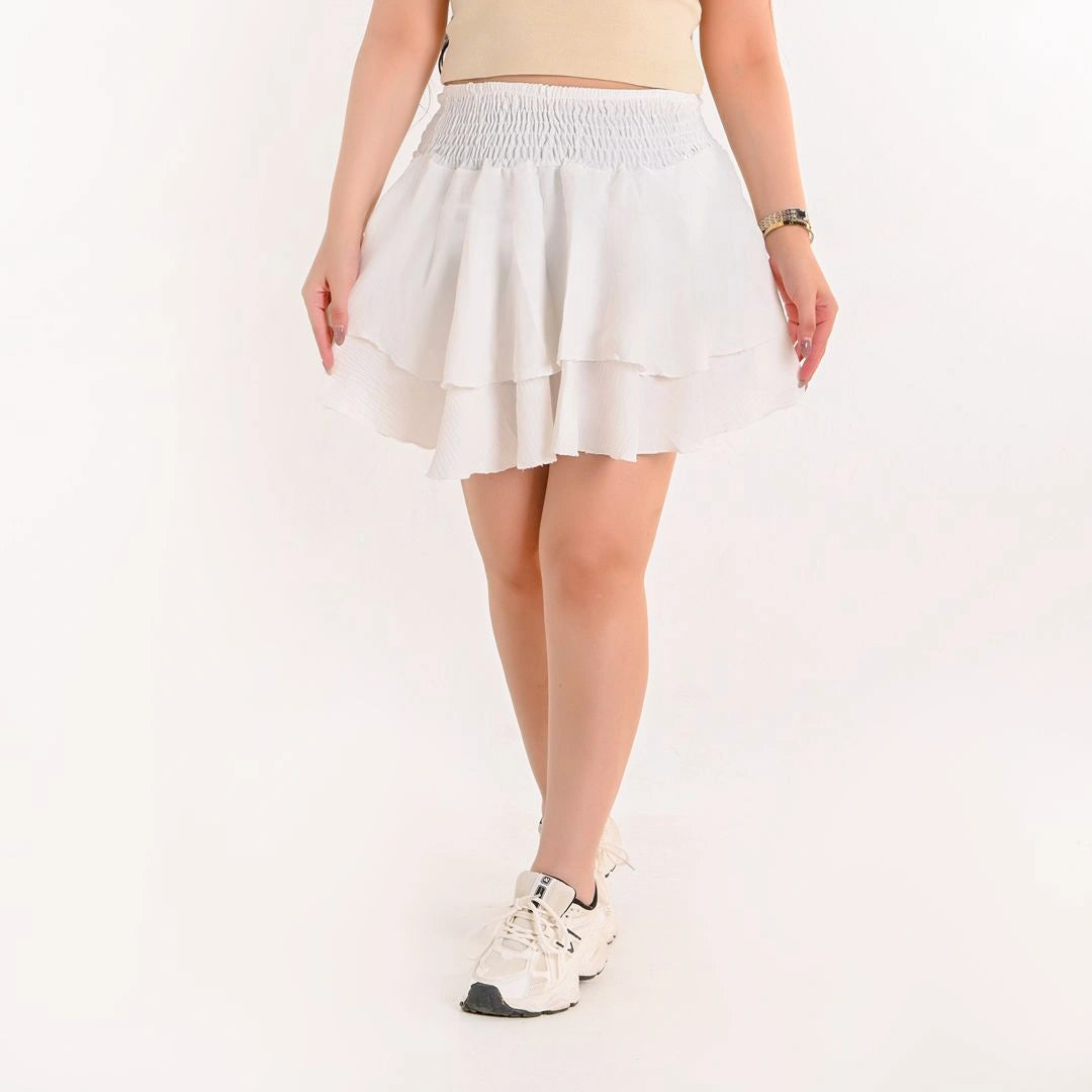 White - Smocked-Waist Tiered Ruffle Skirt