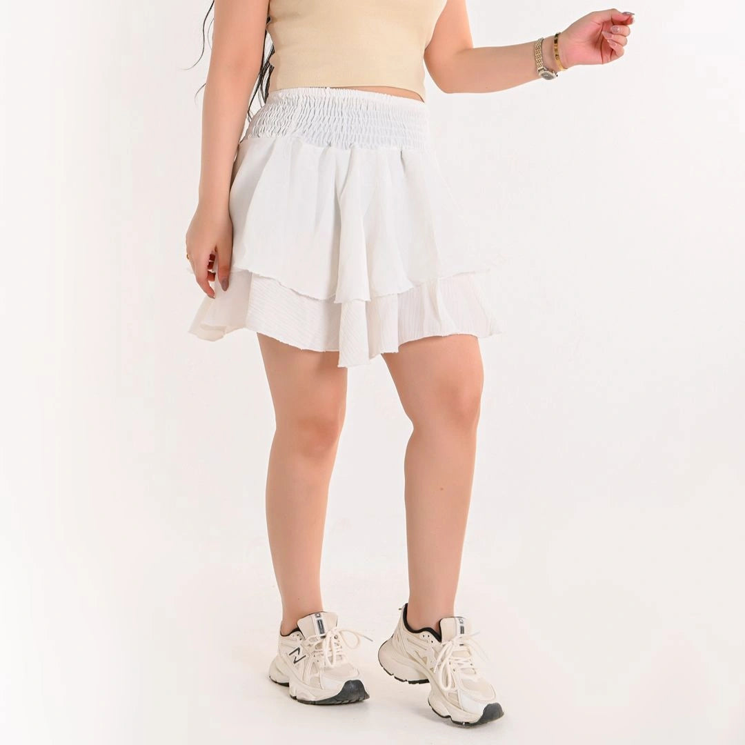 White - Smocked-Waist Tiered Ruffle Skirt